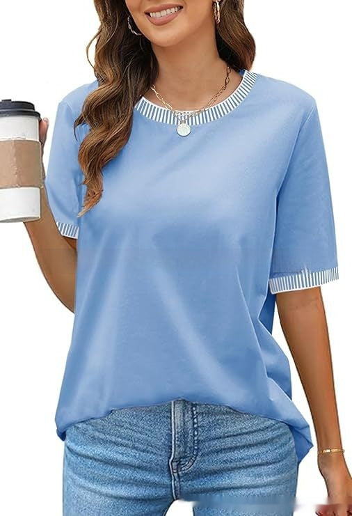 Buy European And American Fashion Casual Multicolor Knitted Color Striped Short Sleeve online at DLC Market