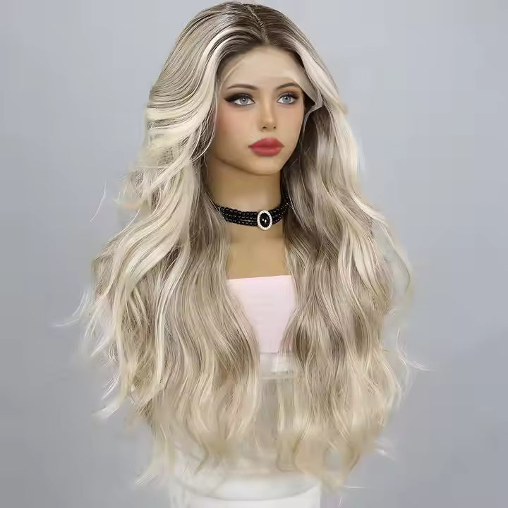 European And American Fashion T-shaped Lace Gold Gradient Wavy Curly Hair Wigs Shipped From Warehouse by null