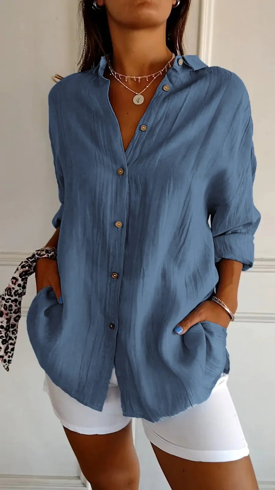 Lapel Long Sleeve Shirt Women's Single-breasted Pleated Shirt Tops Clothing by null