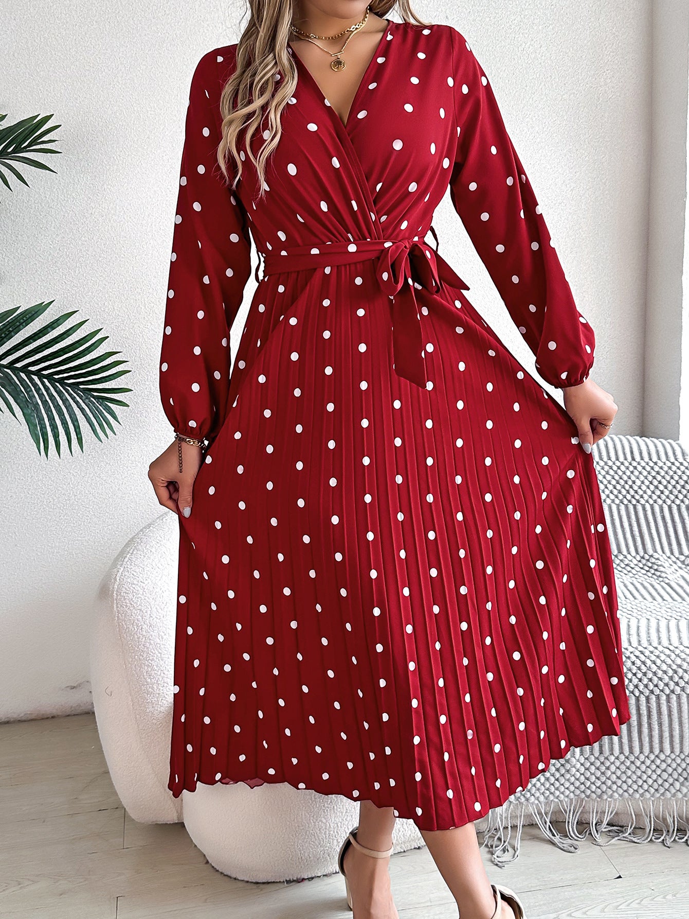 Buy Spring Summer Elegant Long Dress Cross V-Neck Contrast Polka Dot Long Sleeve Pleated Bridesmaid Dresses online at DLC Market