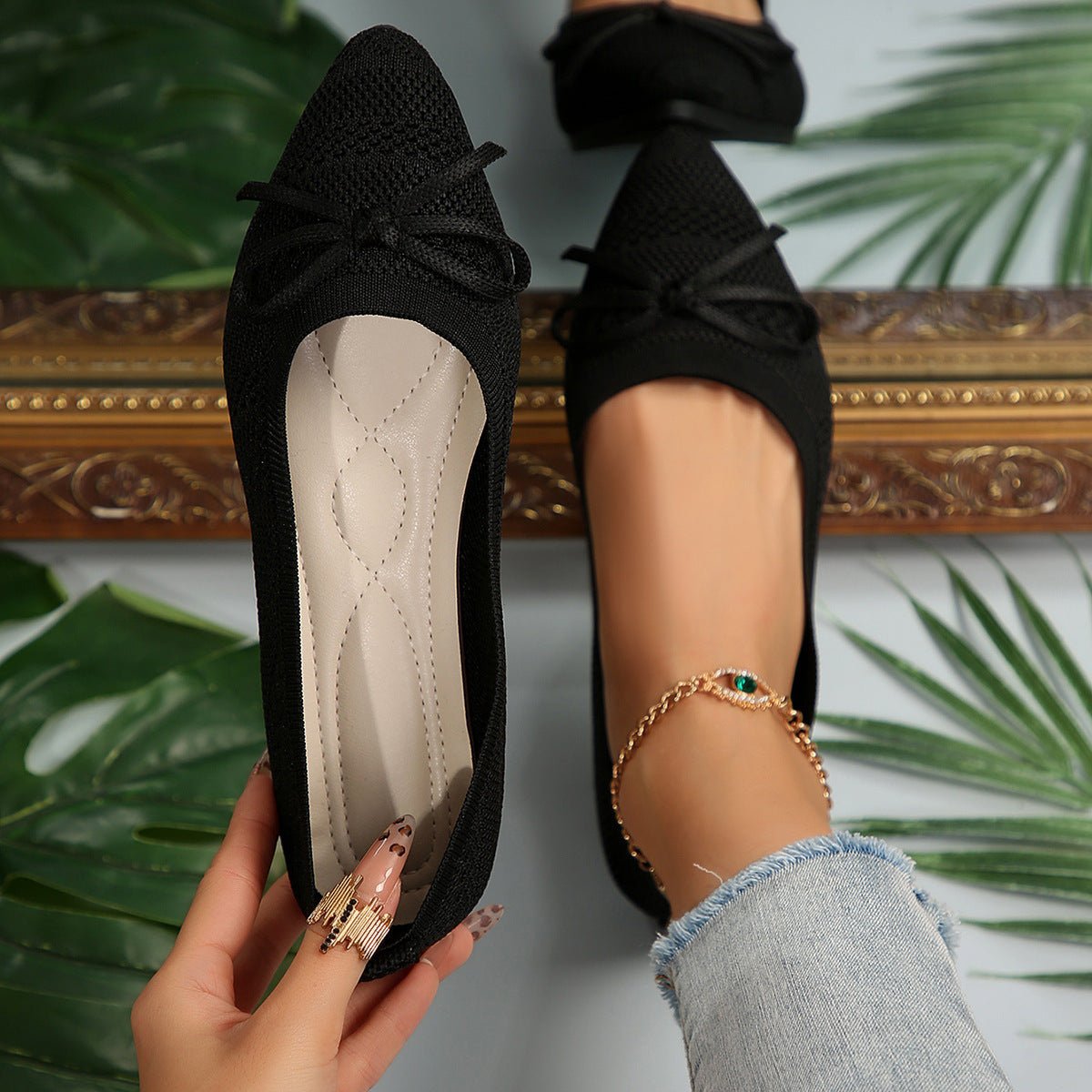 Bow Knitted Pointed Toe Loafer Flats - DLC MARKET