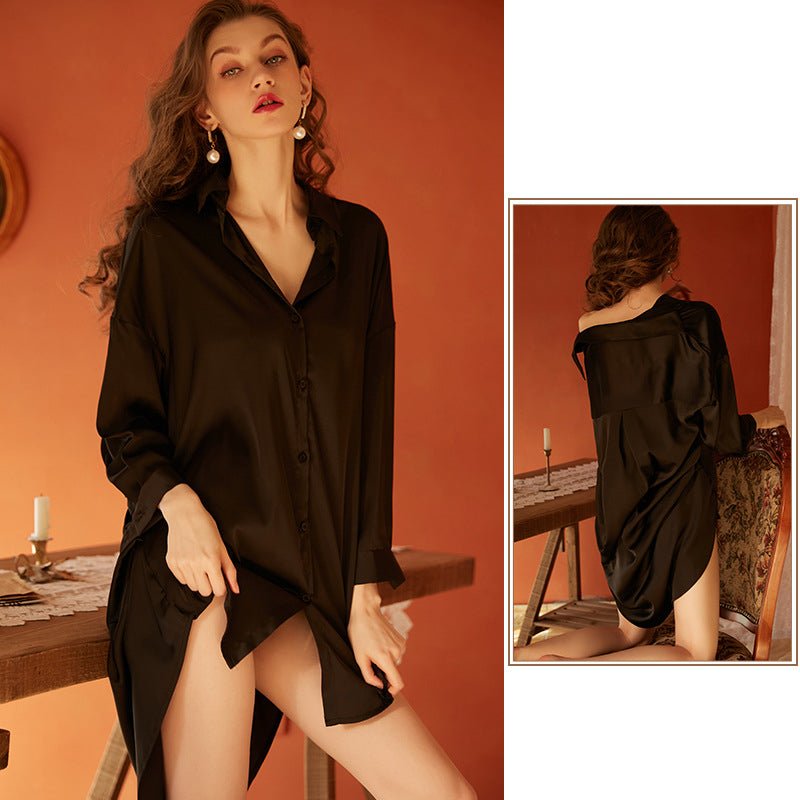 Boyfriend Style Shirt Pajamas Women Morning Gown Silk Home Clothes by null