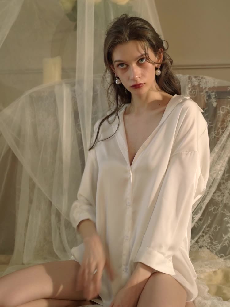 Boyfriend Style Shirt Pajamas Women Morning Gown Silk Home Clothes by null