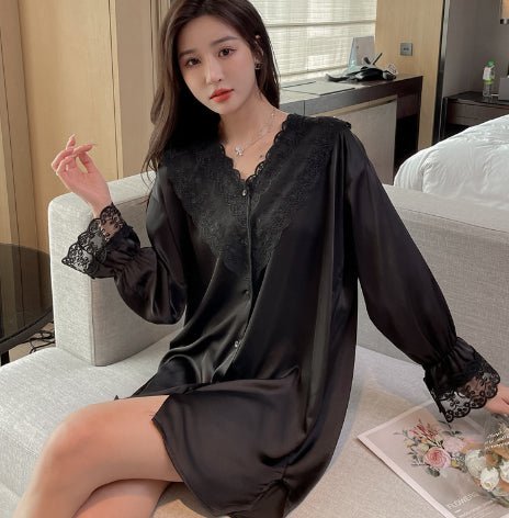 Boyfriend Style Shirt Pajamas Women Morning Gown Silk Home Clothes by null