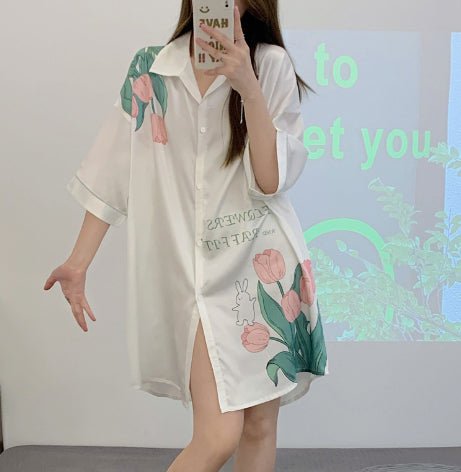 Boyfriend Style Shirt Pajamas Women Morning Gown Silk Home Clothes by null