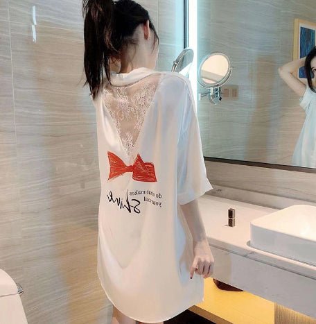 Boyfriend Style Shirt Pajamas Women Morning Gown Silk Home Clothes by null