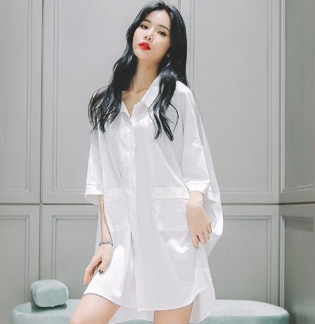 Boyfriend Style Shirt Pajamas Women Morning Gown Silk Home Clothes by null