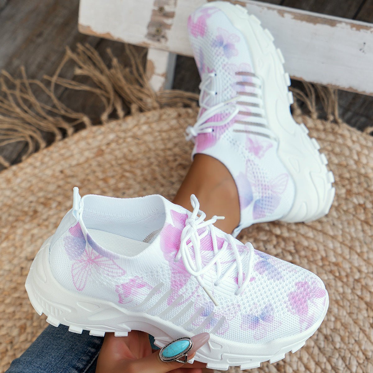 Butterfly Print Mesh Sneakers Flat Heel - DLC MARKET