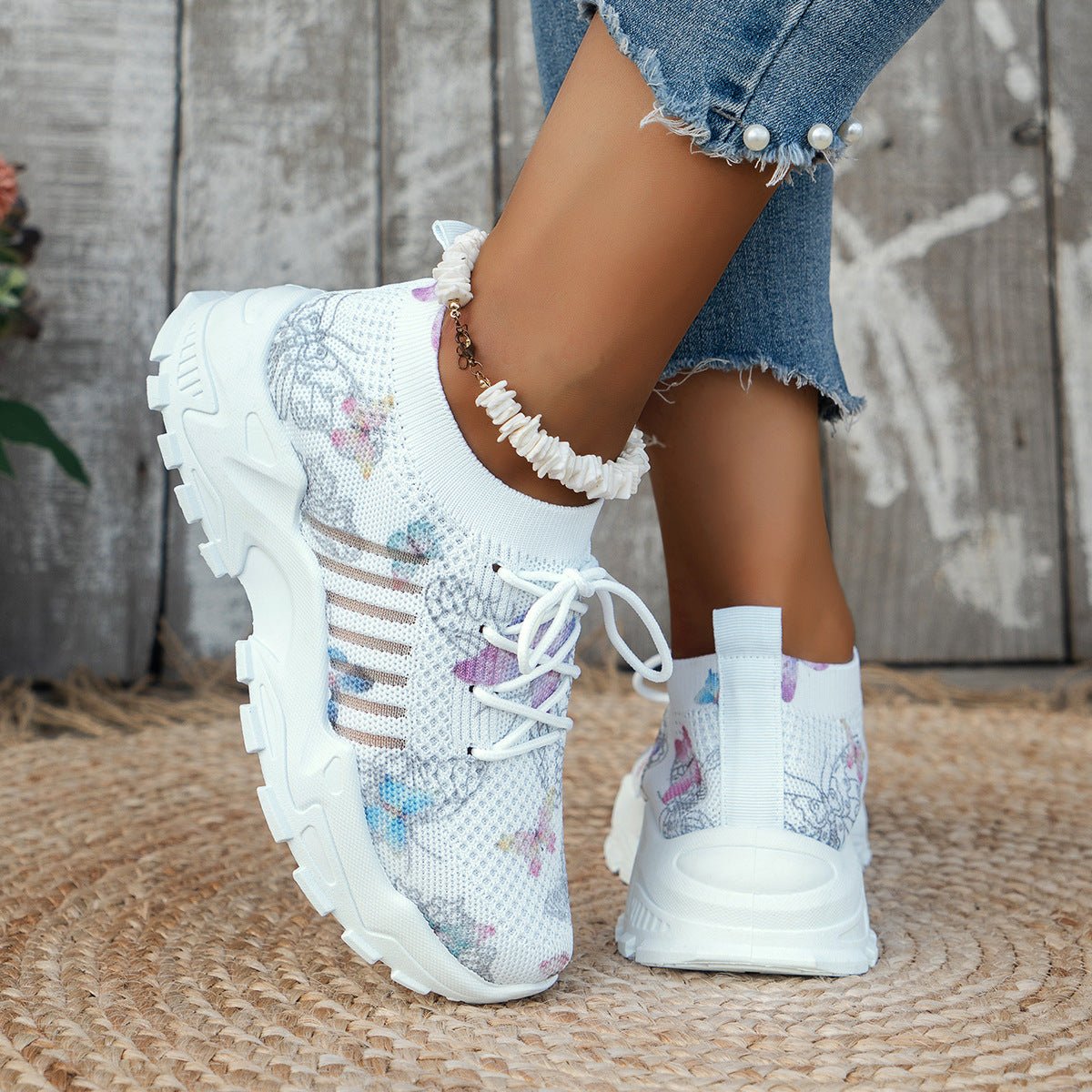 Butterfly Print Mesh Sneakers Flat Heel - DLC MARKET