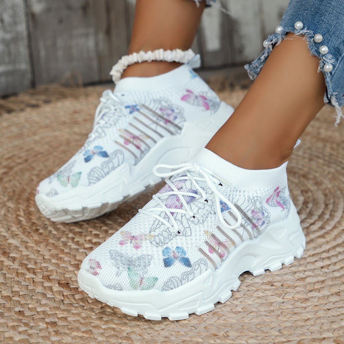 Butterfly Print Mesh Sneakers Flat Heel - DLC MARKET