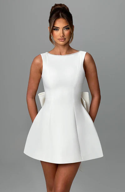 Fashion Big-Bowed Pearls Backless Dress Summer Slim Sleeveless A-line Dresses For Party Evening Women's Clothing by null