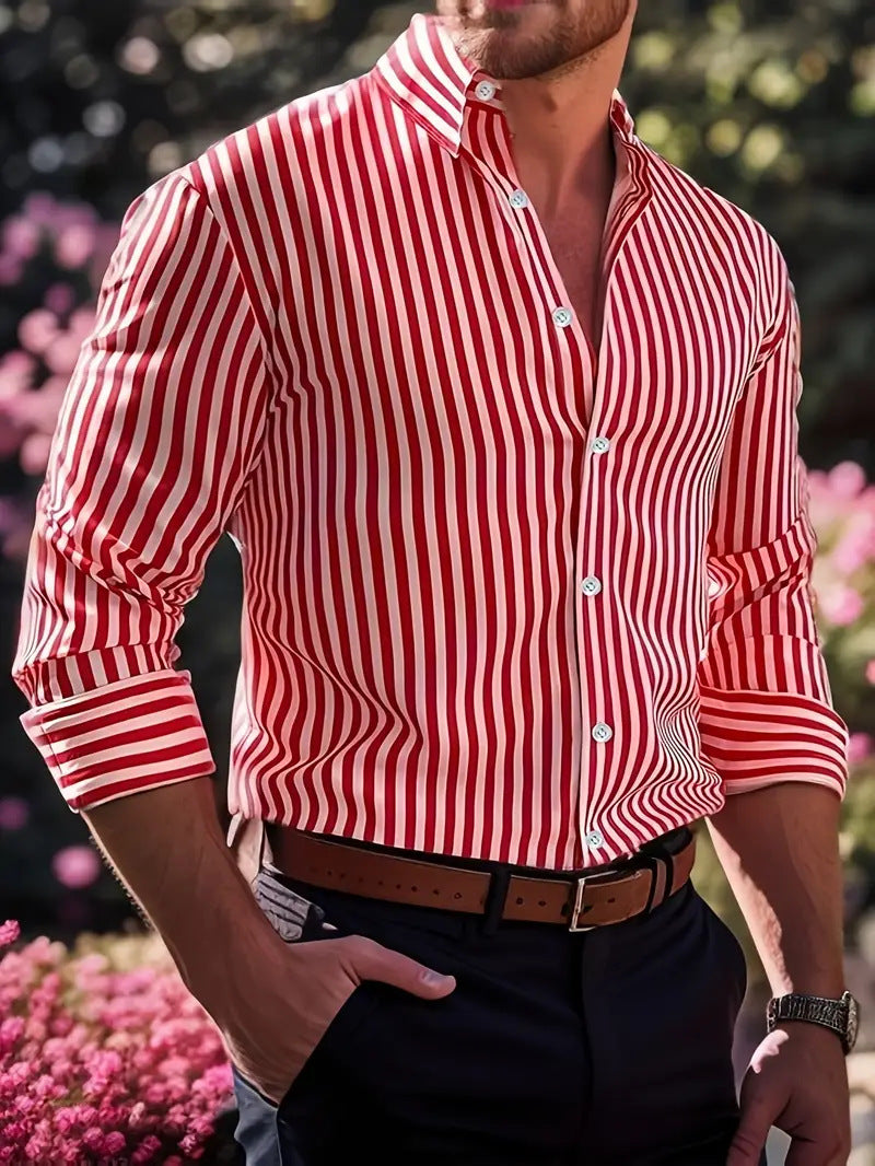 Ins Stripe Printed Long Sleeve Shirt Men Fashion Casual Lapel Button Top Clothing by null