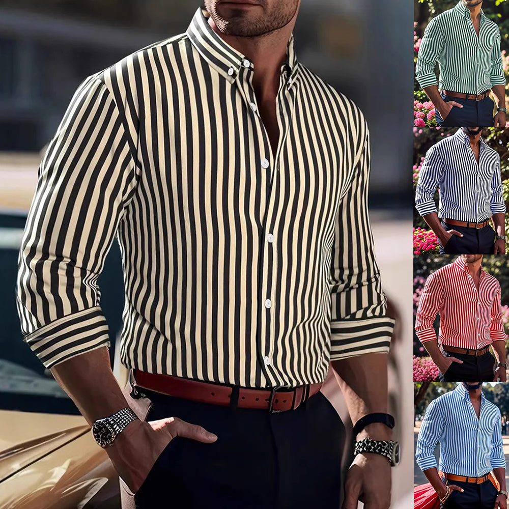 Ins Stripe Printed Long Sleeve Shirt Men Fashion Casual Lapel Button Top Clothing by null
