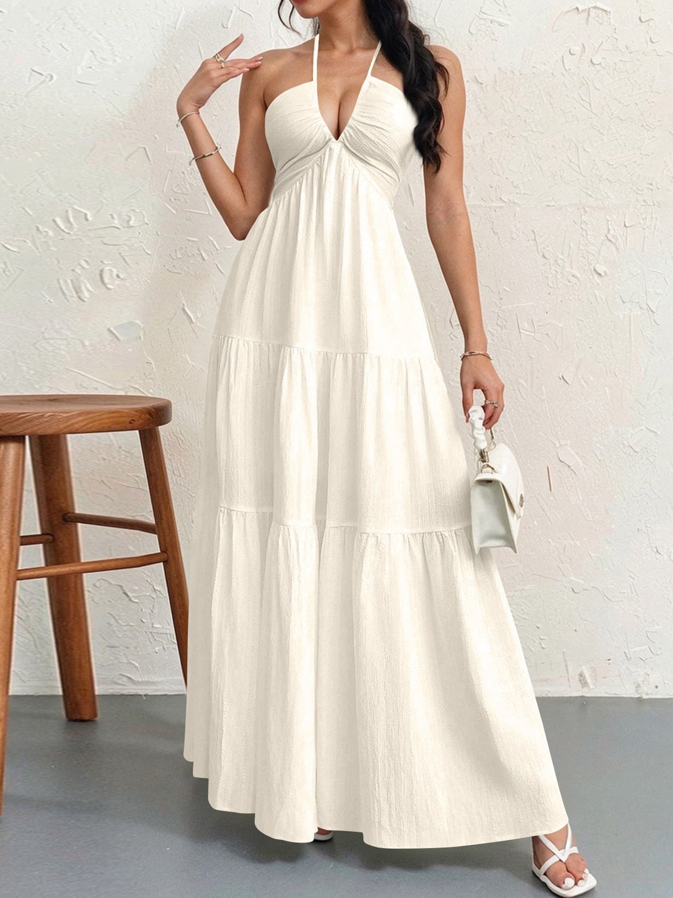 Backless Halterneck V-Neck Pleated A- Line Dress Women's Clothing One-Piece Dress Ankle-length Skirt For Beach Vacation Outfits by null