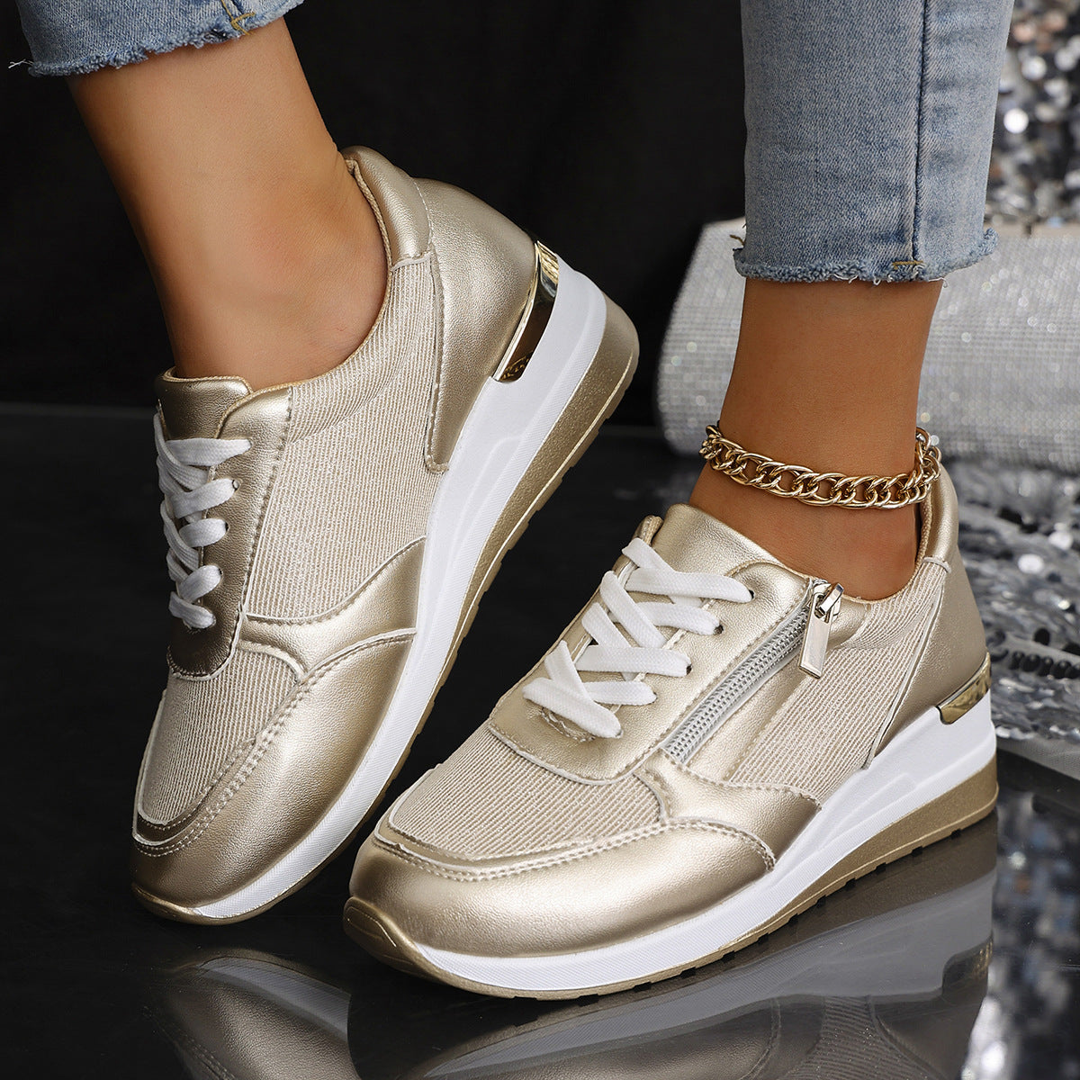 Buy Women's Lace-up Casual Shoes FFashion Side Zipper Design Thick-soled Shoes Walking Running Sports Sneakers online at DLC Market