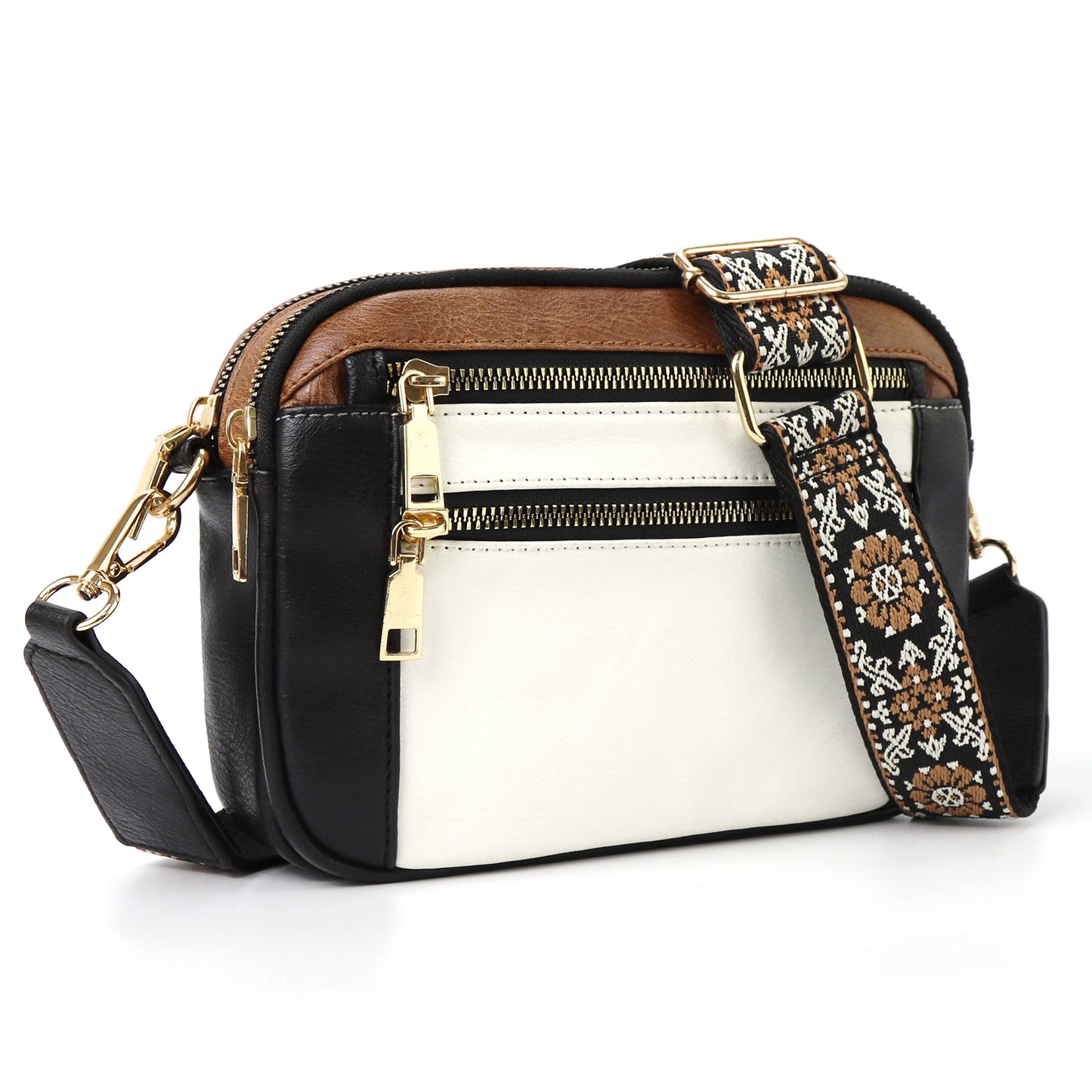 Buy Triple-zipper Shoulder Bag With Floral Embroidered Straps Fashion Colorblock Multi-functional Crossbody Bags For Women online at DLC Market