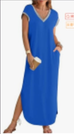 Buy Women's Summer Short Sleeve Maxi Dress V Neck Split Loose Casual Beach Long Dresses online at DLC Market
