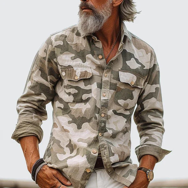 Men's Clothing Print Lapel Long Sleeve Loose Shirt by null
