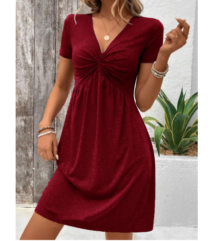 Buy Color Cotton Short Sleeve V-neck Design Chest Twist Waist Dress online at DLC Market