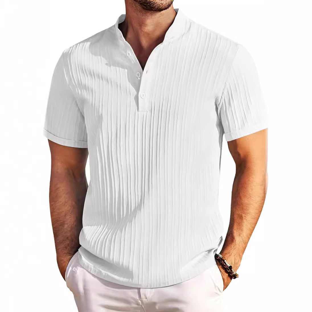 Summer Stand Collar Buttons Short Sleeve T-shirt Solid Color Stripe POLO Shirt Fashion Casual Beach Clothing For Men by null