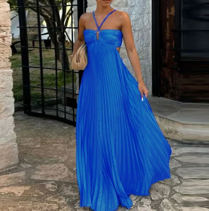 Ins Pleated Sleeveless Sling Dress Hollow High Waist Halter Robe Dresses For Evening Party Club Clothing Women by null