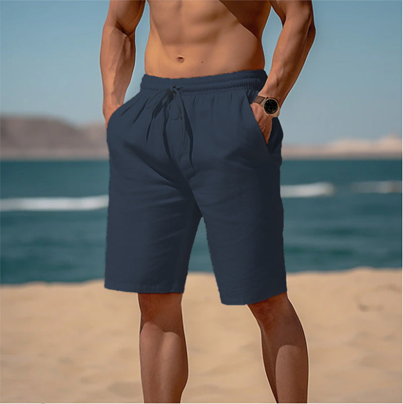 Summer Drawstring Shorts Elastic Waist Straight Pants Beach Breathable Shorts For Men Clothing by null