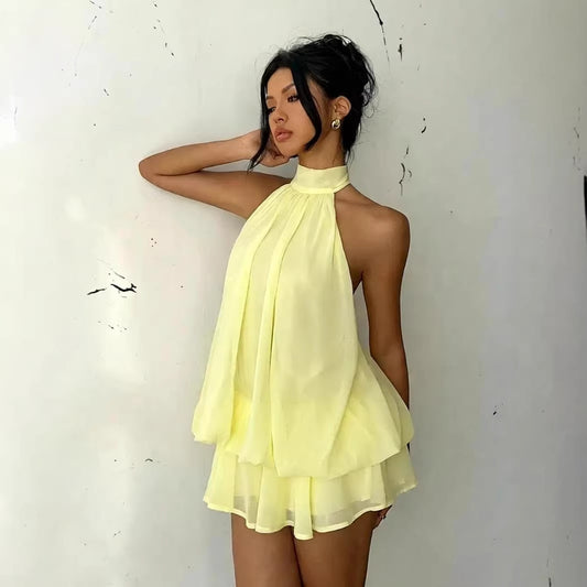 Chiffon Halter Tea Length Dress Sassy Skirt by null