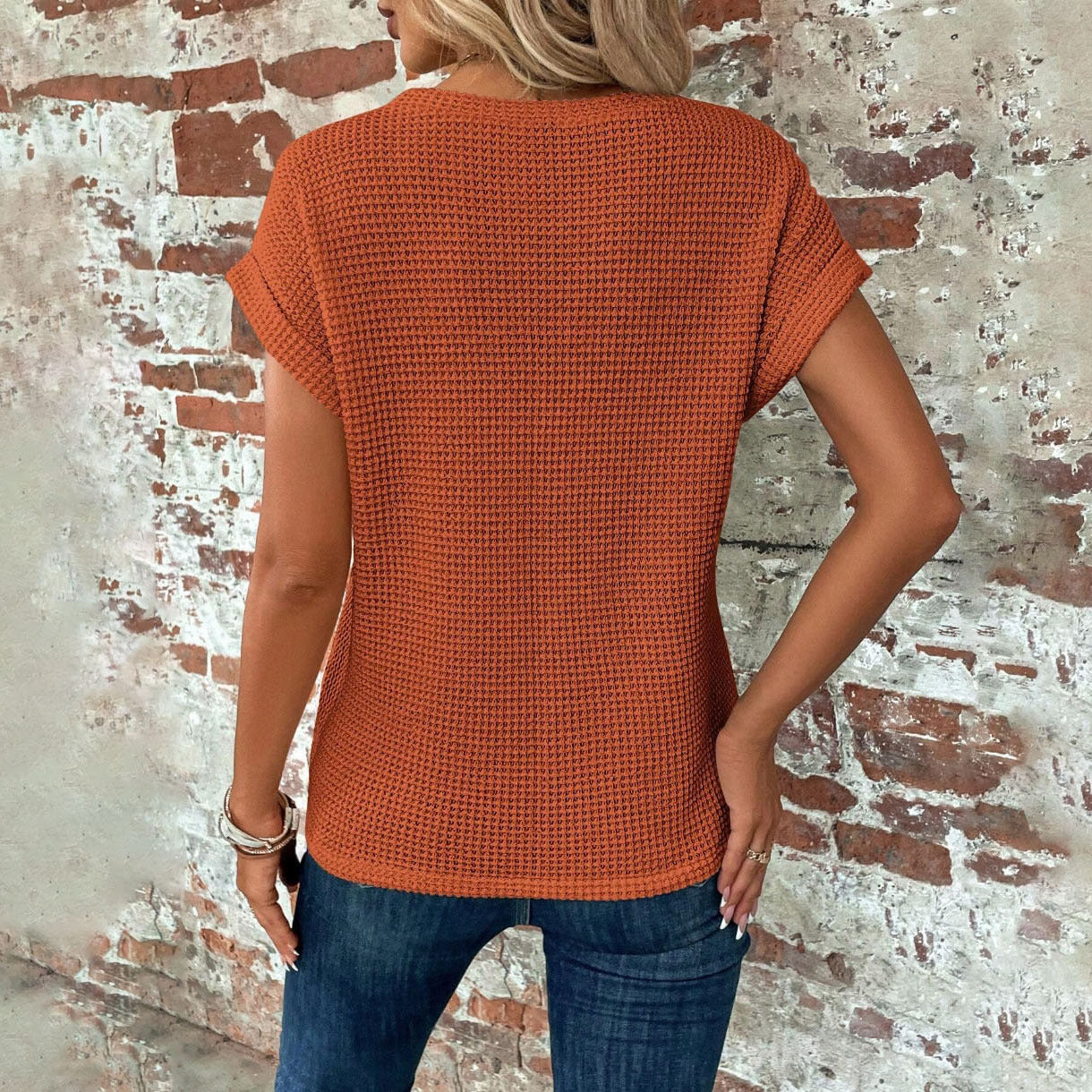 Buy Short-sleeved Waffle T-shirt Summer New Solid Color Crew Neck Top For Womens Clothing online at DLC Market