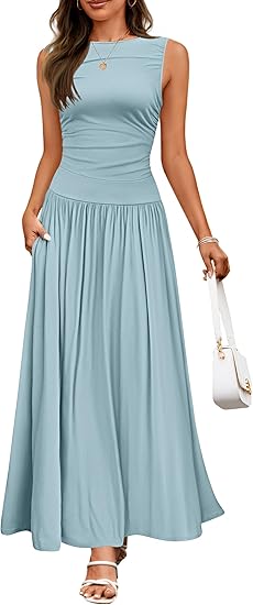 Buy Women's Summer Sleeveless Maxi Dress Casual Round Neck Pleated Elegant Maxi Dress With Pockets online at DLC Market