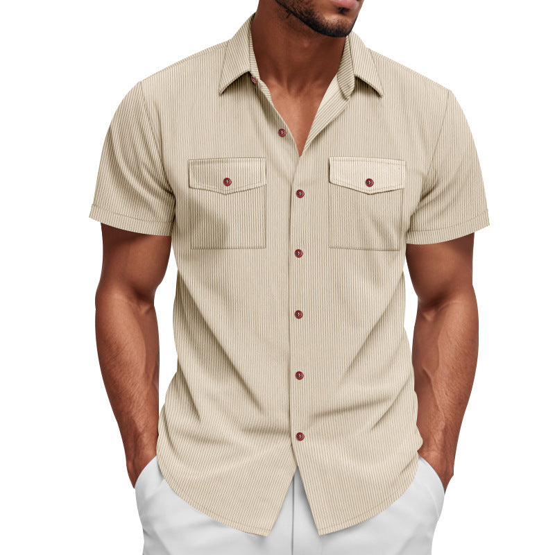 Loose Heavy Lapel Corduroy Workwear Short Sleeve Shirt by null