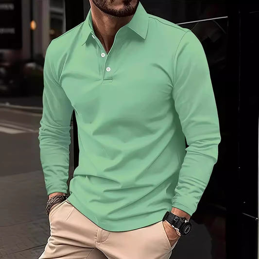 Buckle European And American Men's Daily Casual Polo Collar Long Sleeve Polo Wear by null