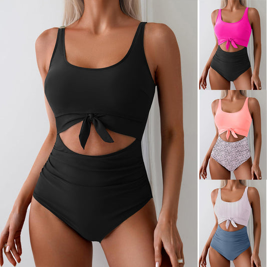 One-piece Female Stitching Contrast Color Strap Covered Belly Swimsuit by null