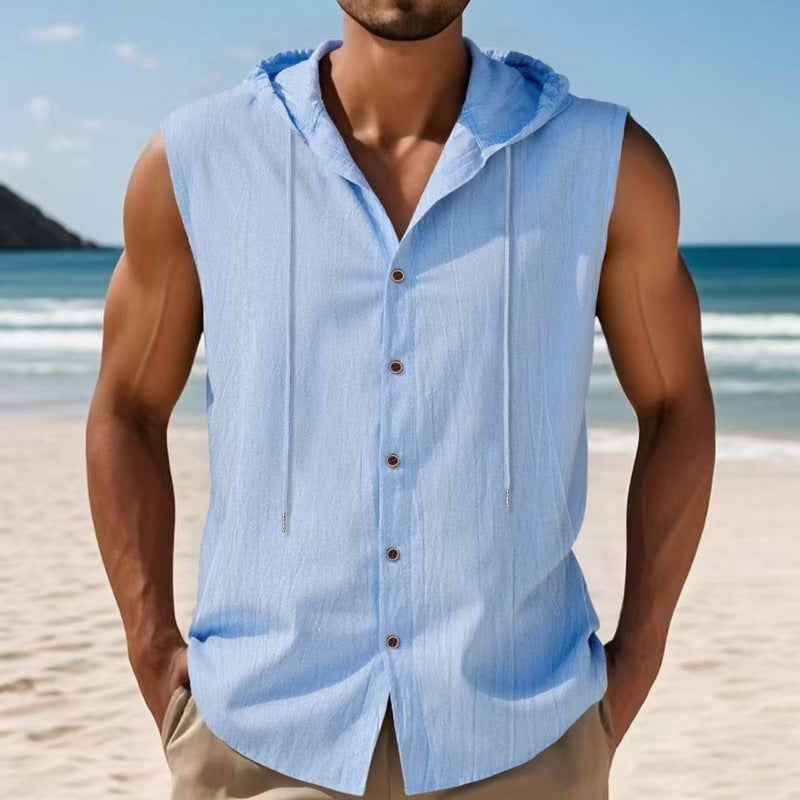 Mens Sleeveless Linen Hooded Shirt by null
