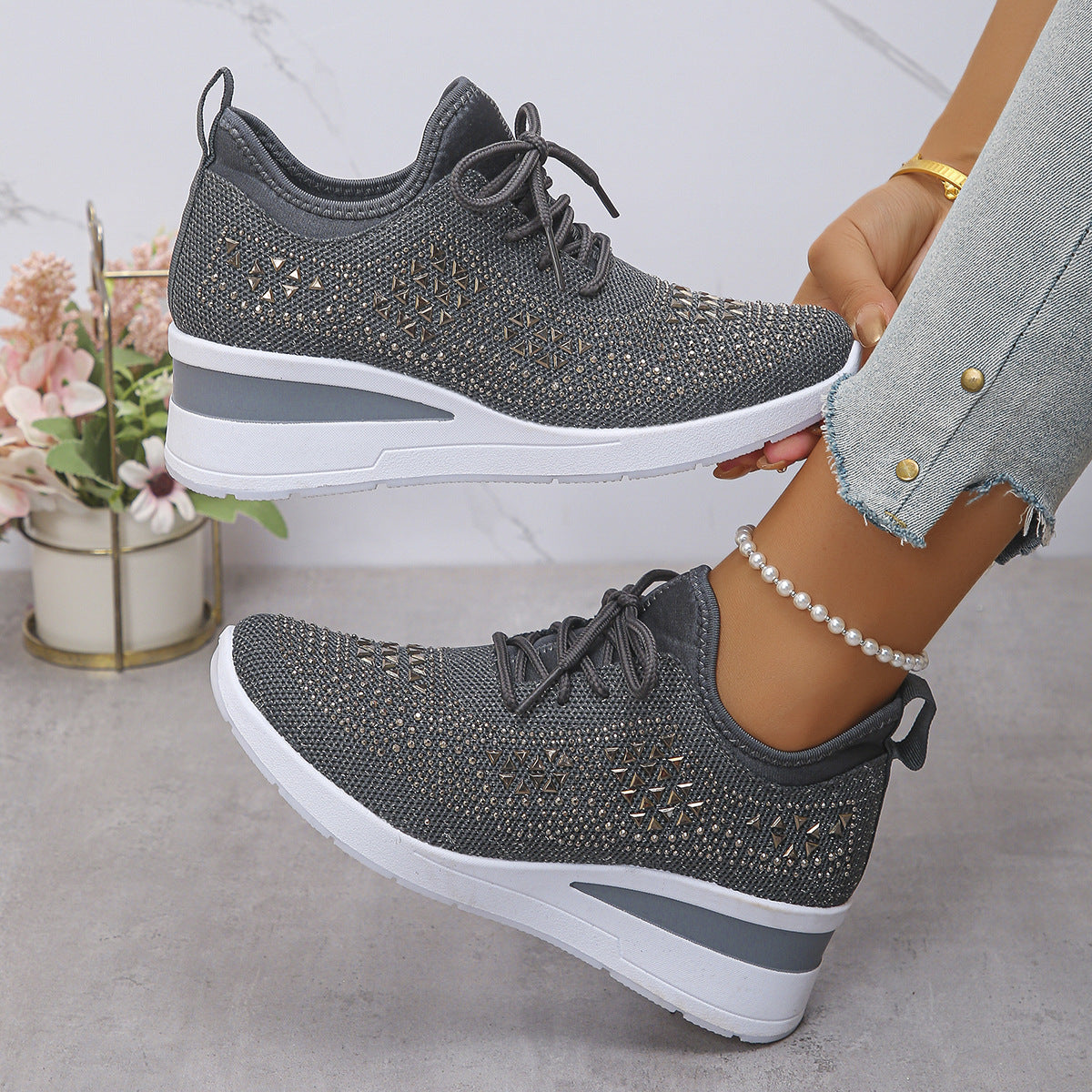 Buy Ins Rhinestone Sneakers Fashion Lace Up Wedges Casual Shoes Women's Daily Commuting Sports Shoes online at DLC Market