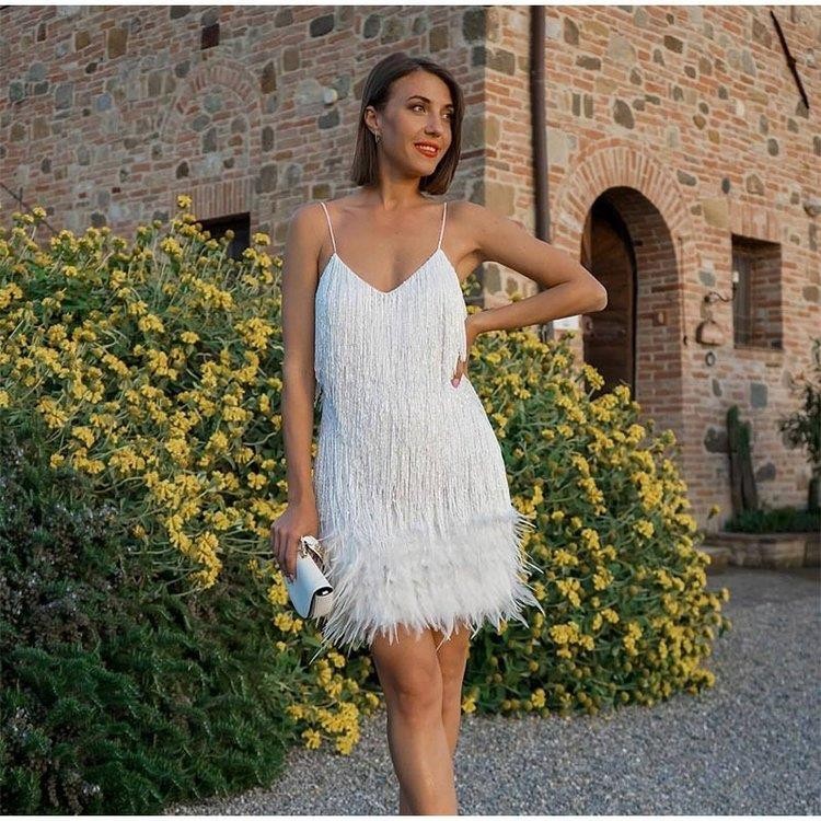 Sexy Tassel Sequins Feather Summer Mini Dress Women V Neck Spaghetti Strap Stitching Dresses Female Elegant Evening Party Club Dress by null