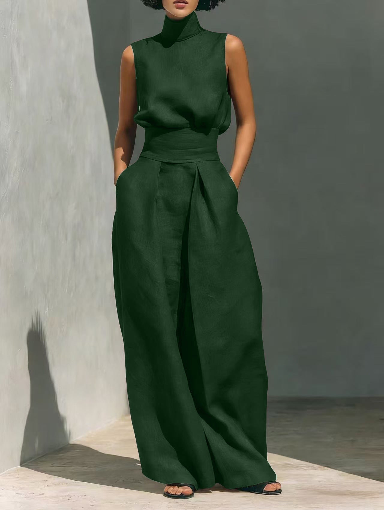Casual Sleeveless Suit Summer Stand-up Collar Pullover Top And Loose Straight-leg Trousers Women's Clothing by null