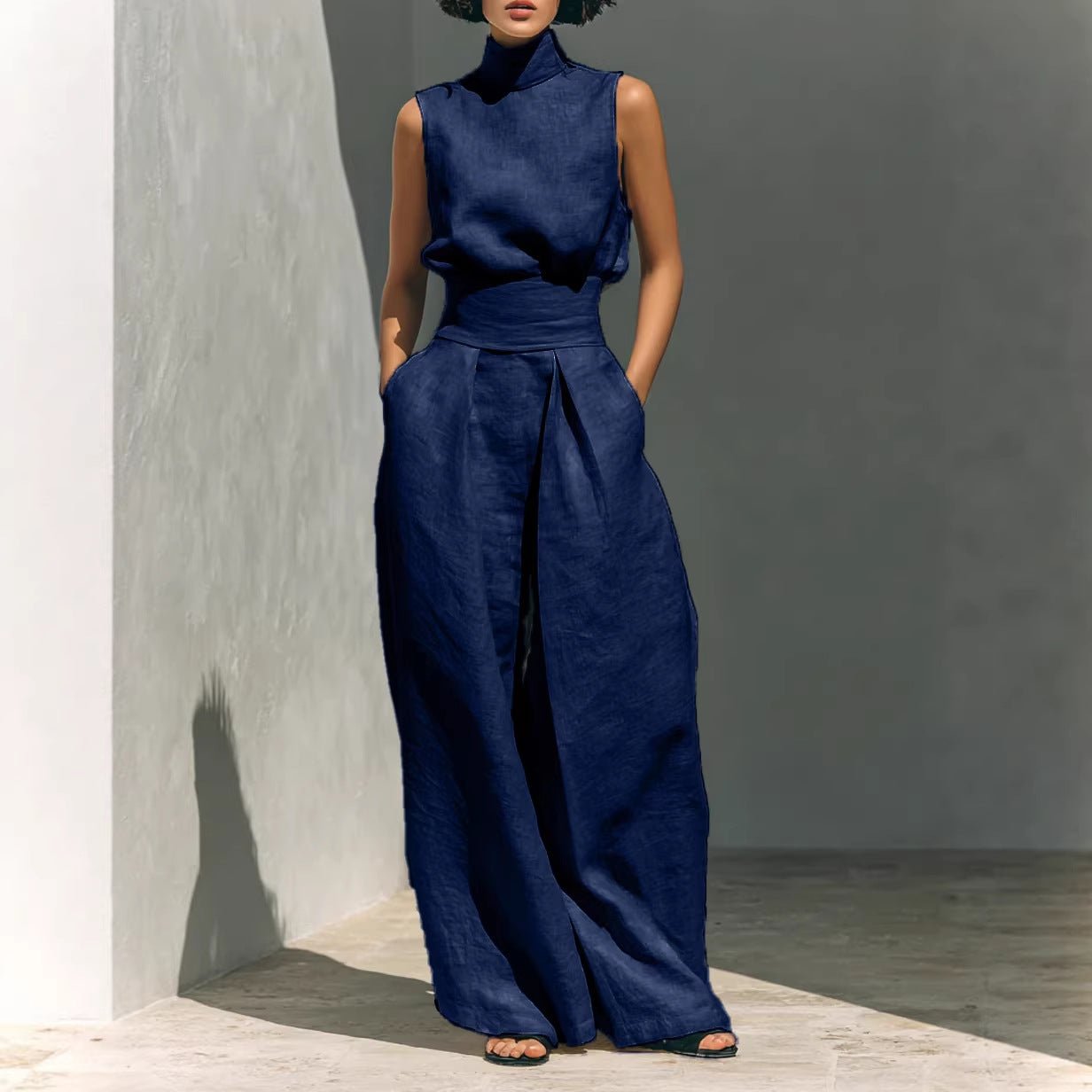 Casual Sleeveless Suit Summer Stand-up Collar Pullover Top And Loose Straight-leg Trousers Women's Clothing by null