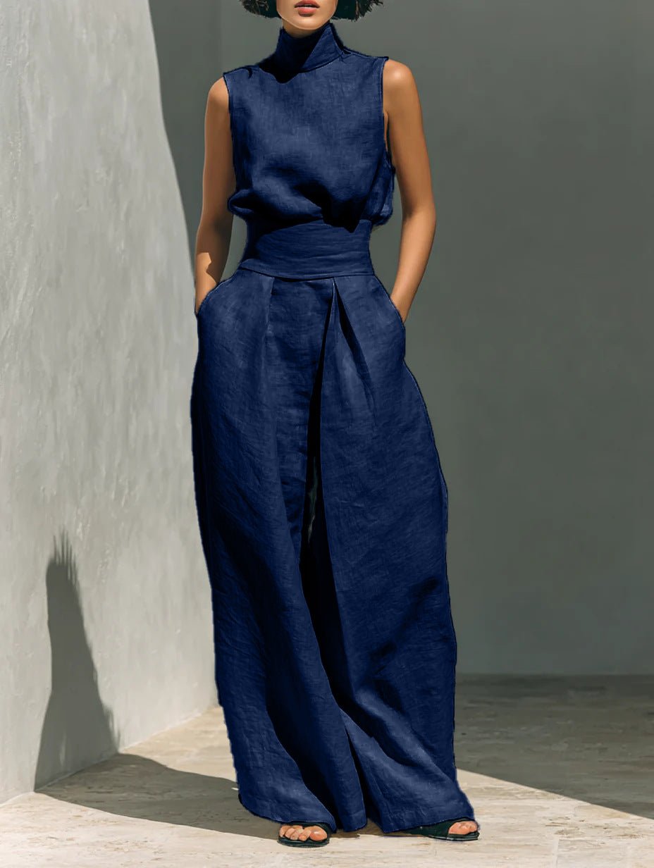 Casual Sleeveless Suit Summer Stand-up Collar Pullover Top And Loose Straight-leg Trousers Women's Clothing by null