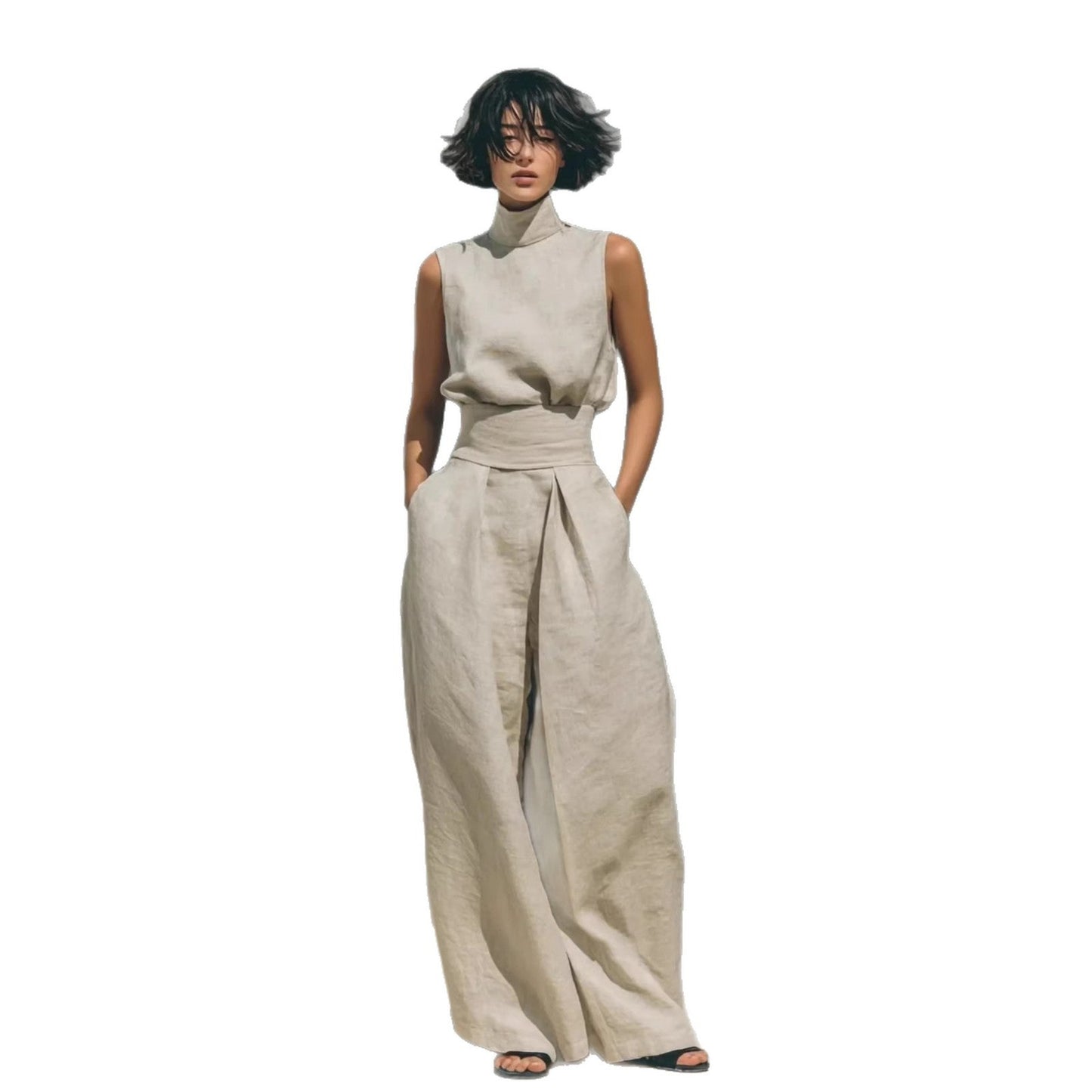 Casual Sleeveless Suit Summer Stand-up Collar Pullover Top And Loose Straight-leg Trousers Women's Clothing by null