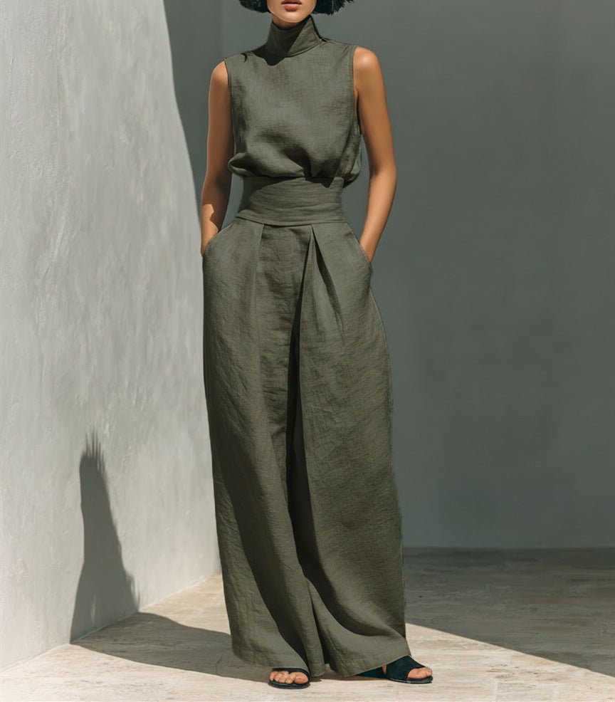Casual Sleeveless Suit Summer Stand-up Collar Pullover Top And Loose Straight-leg Trousers Women's Clothing by null