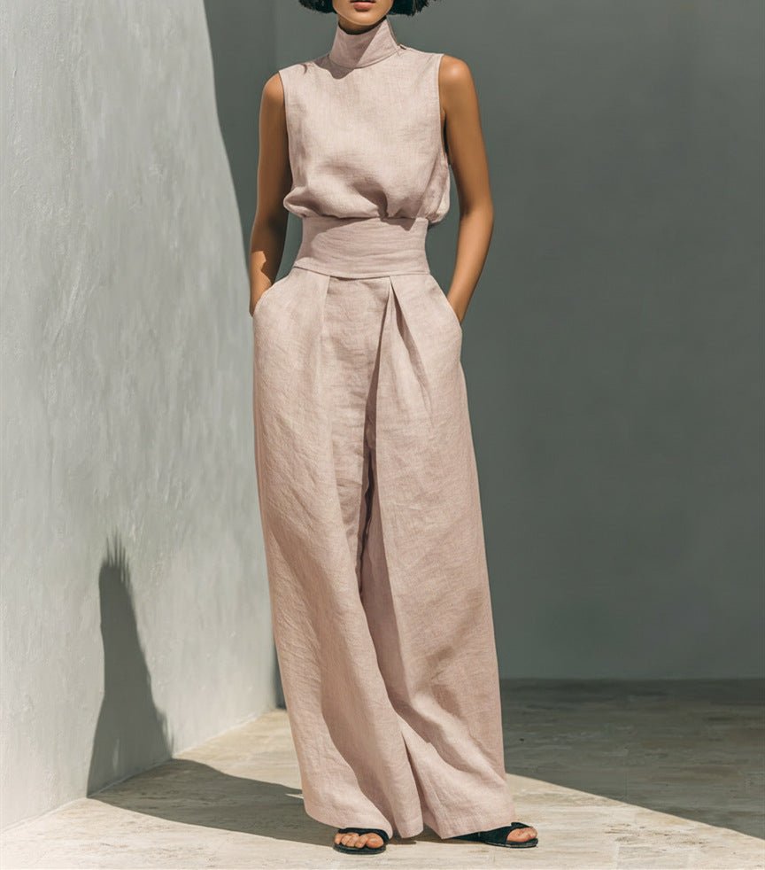 Casual Sleeveless Suit Summer Stand-up Collar Pullover Top And Loose Straight-leg Trousers Women's Clothing by null
