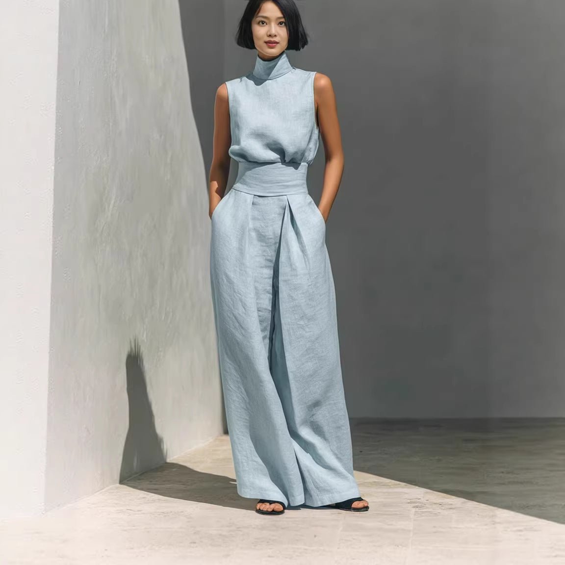 Casual Sleeveless Suit Summer Stand-up Collar Pullover Top And Loose Straight-leg Trousers Women's Clothing by null