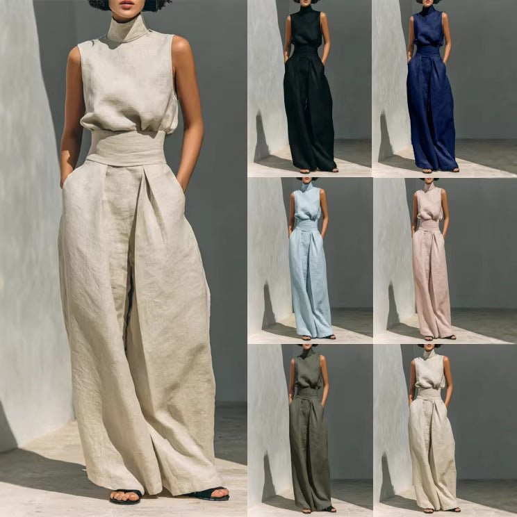 Casual Sleeveless Suit Summer Stand-up Collar Pullover Top And Loose Straight-leg Trousers Women's Clothing by null