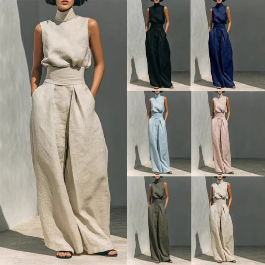 Casual Sleeveless Suit Summer Stand-up Collar Pullover Top And Loose Straight-leg Trousers Women's Clothing by null
