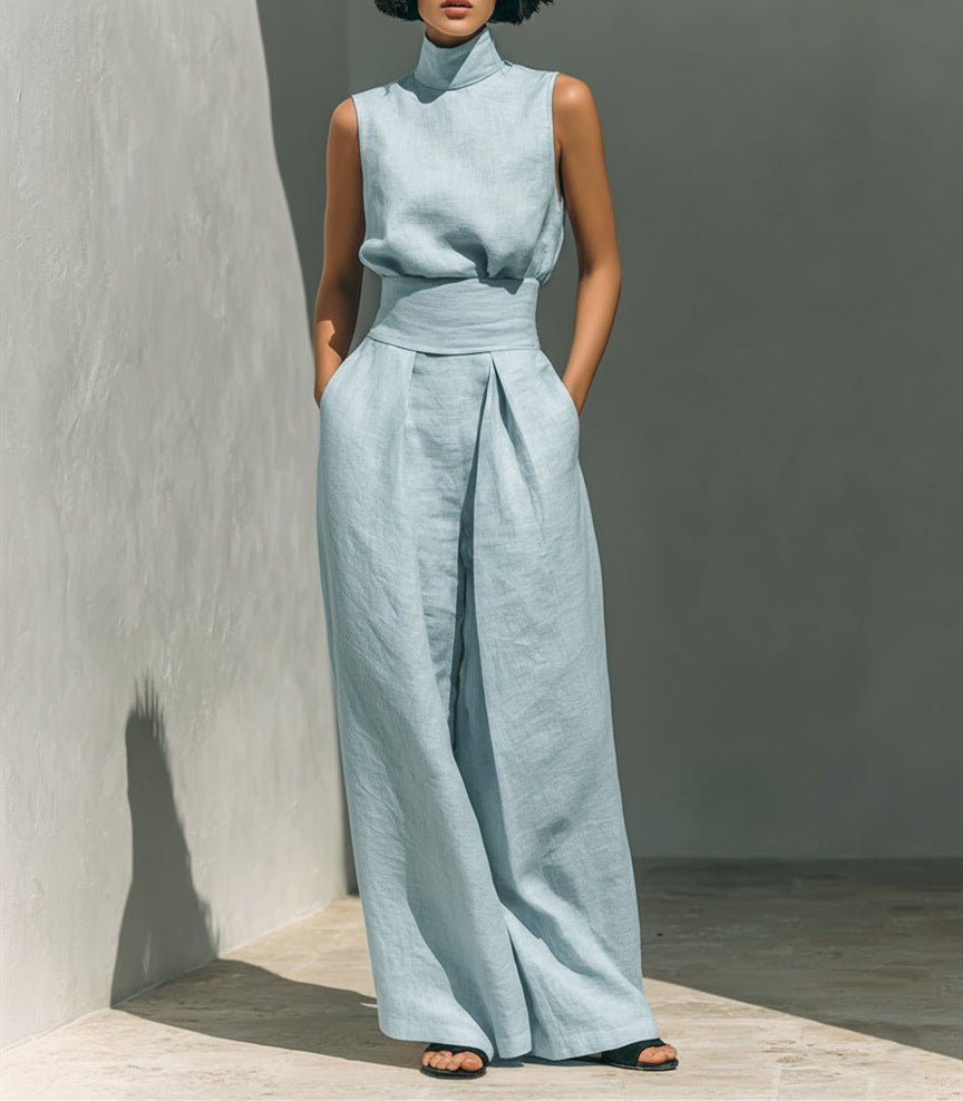 Casual Sleeveless Suit Summer Stand-up Collar Pullover Top And Loose Straight-leg Trousers Women's Clothing by null