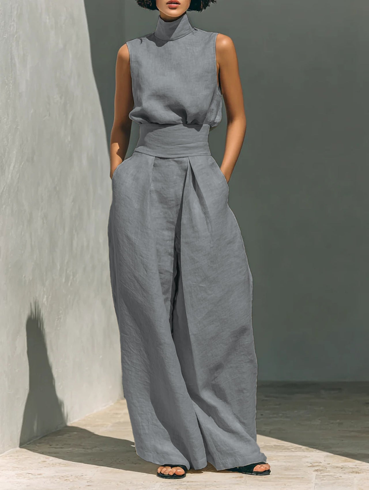 Casual Sleeveless Suit Summer Stand-up Collar Pullover Top And Loose Straight-leg Trousers Women's Clothing by null