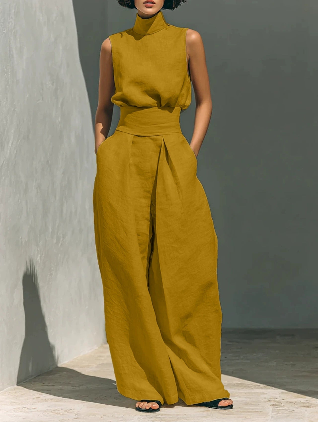 Casual Sleeveless Suit Summer Stand-up Collar Pullover Top And Loose Straight-leg Trousers Women's Clothing by null