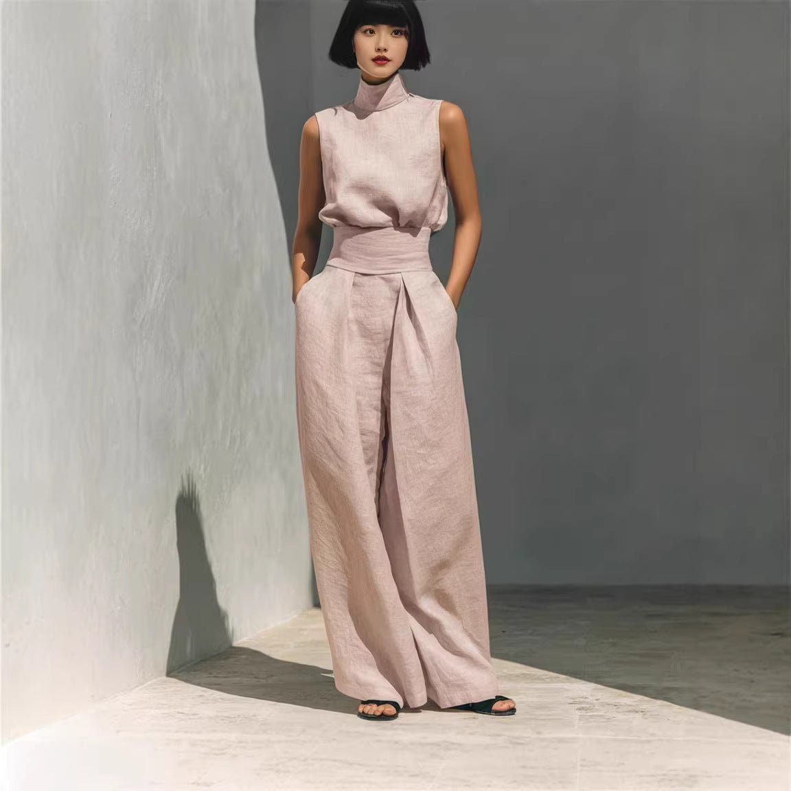 Casual Sleeveless Suit Summer Stand-up Collar Pullover Top And Loose Straight-leg Trousers Women's Clothing by null