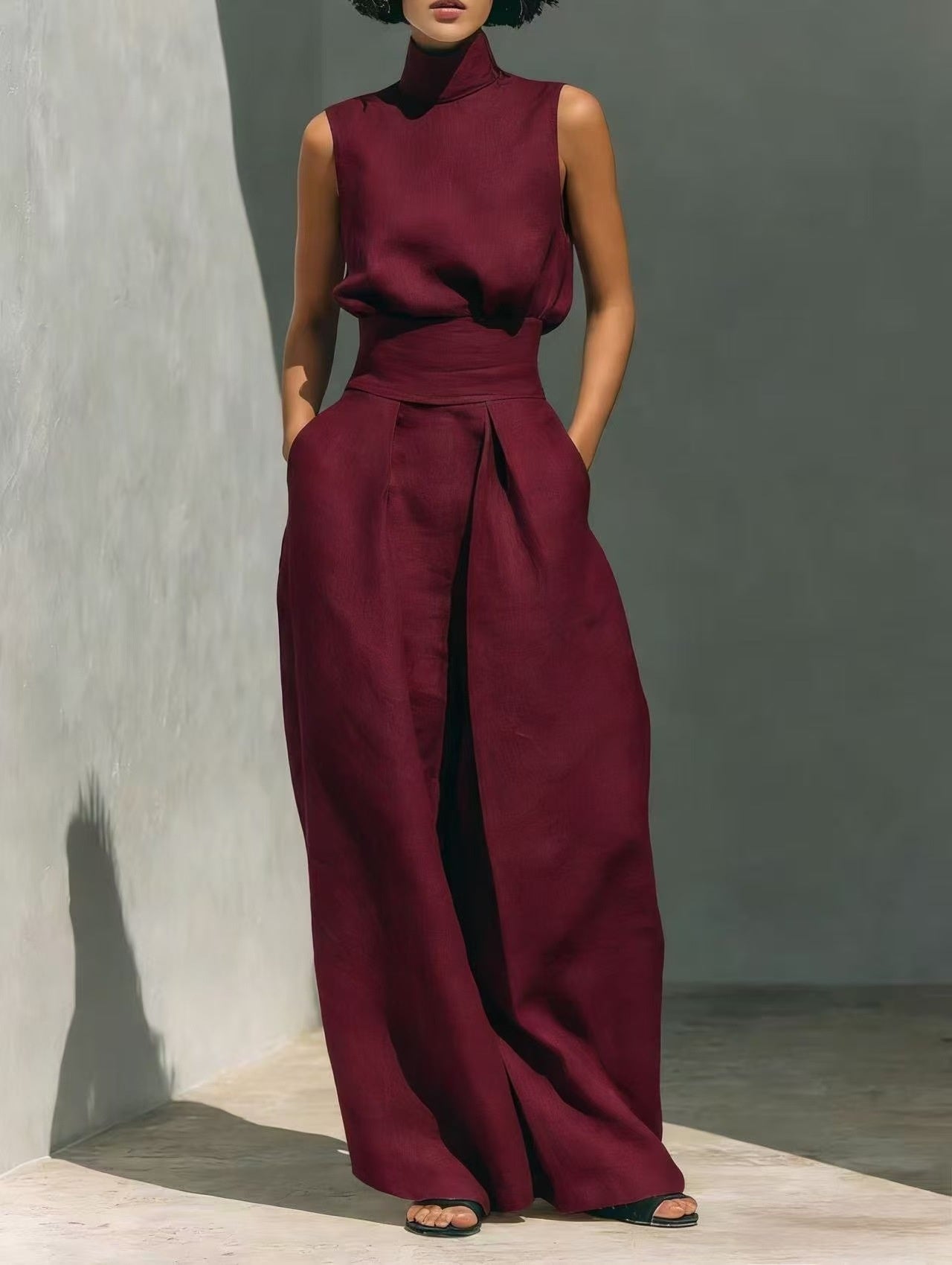 Casual Sleeveless Suit Summer Stand-up Collar Pullover Top And Loose Straight-leg Trousers Women's Clothing by null