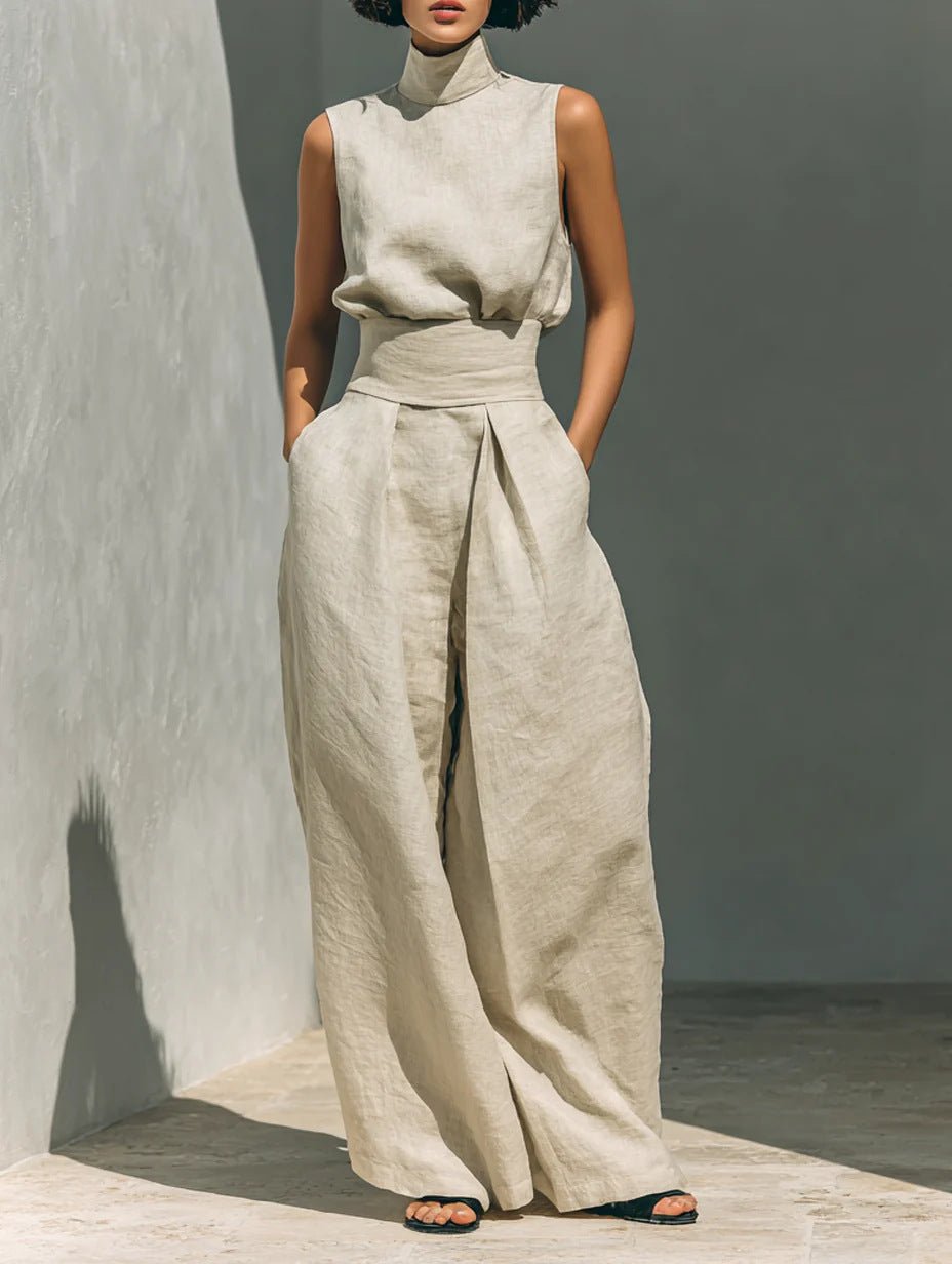 Casual Sleeveless Suit Summer Stand-up Collar Pullover Top And Loose Straight-leg Trousers Women's Clothing by null